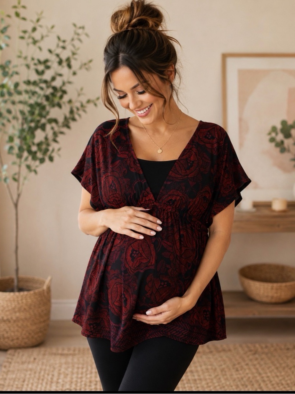 Motherhood Maternity Red & Black Floral Tunic Blouse Size 1X - NWOT